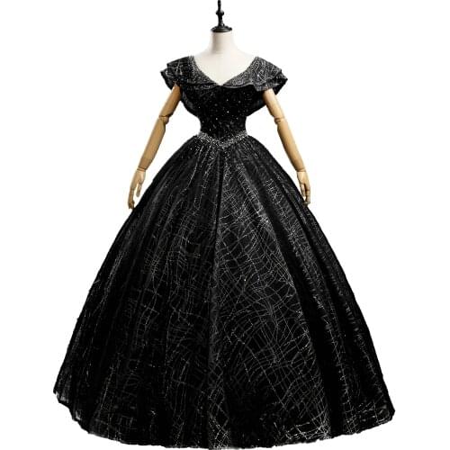 Luxury black sequined collar beading ball gown princess medieval long dress Renaissance gown queen Victoria/customs making
