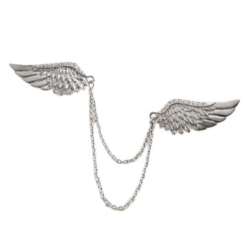 Unisex Rhinestone Crystal Angel Wings DoubleChain Brooch Neck Gothic Shirt Collar Pin Gifts for Men Hijab Pins Wedding