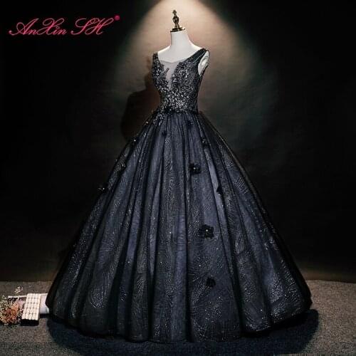 AnXin SH vintage princess black lace sparkly sweetheart illusion rose flower ball gown bride party host stage evening dress