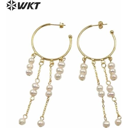 WT-MPE034 Italy designer NEW come elegant dangling pearl earrings popular round hoop push back long dangle hoop earrings