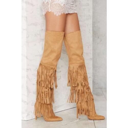 Over the knee women boots pointed toe super high thin heels fringe design women Autumn thigh high boots tassel shoes khaki