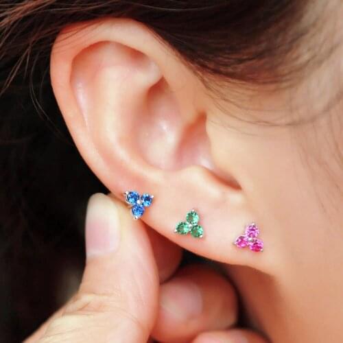 2021 Delicate 925 sterling silver cute mini red blue green color three stone stud earing fors women girls Simple fashion jewelry