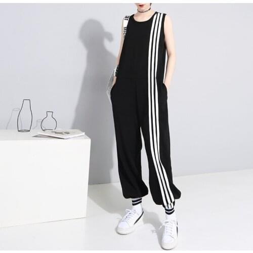 Women Jumpsuit 2020 summer three Striped vest sleeveless jumpsuit loose foot pants trousers wide leg women high waist pants