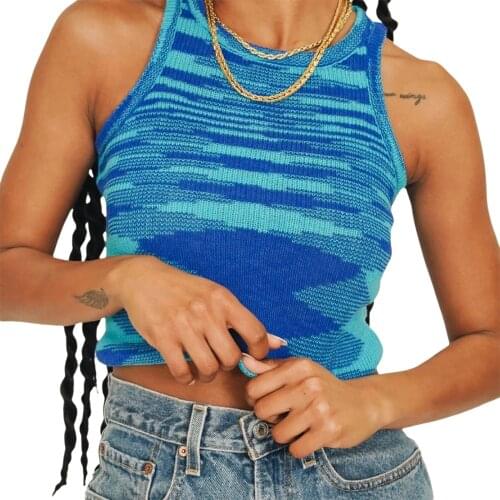 IMCUTE 2021 Knit Crop Top Women Sleeveless Y2K Basic T Shirts Casual Summer Off Shoulder Blue O Neck Tank Top Vintage Fashion /F