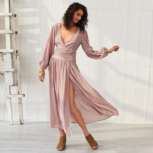 S-XXL Large Size Summer Long Sleeve Split Casual Orange Pink Dress Sheer Boho Dress Women Ruched Bohemian Dress 2020 Sundress