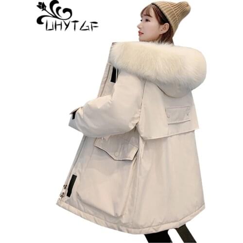 UHYTGF Winter down jacket warm coats women Korean Thick student cotton coat parker women fur collar hooded plus size jacket 1256