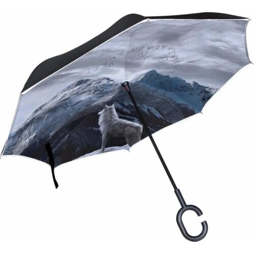 Wolf Double Layer Reverse Umbrella Open/Close in the Narrowest Space Creative Graphic Windproof Car Umbrella Inverted Umbrella