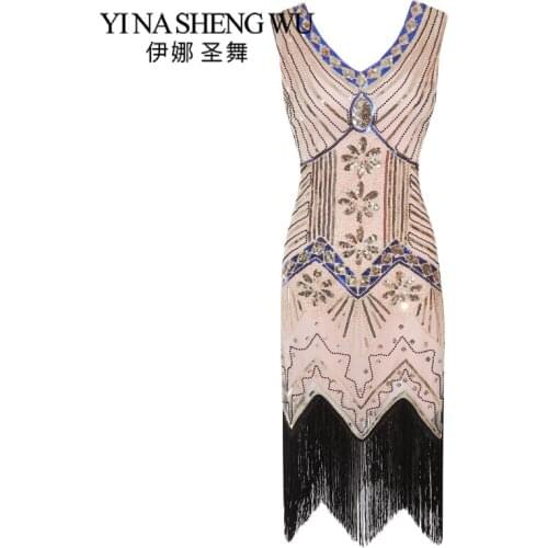 1920 s Great Gatsby Vintage Dress Sequin Beaded Dress V-neck Fashion Fringed Beaded Evening Party Dress 1Pc Women Ballroom Dress