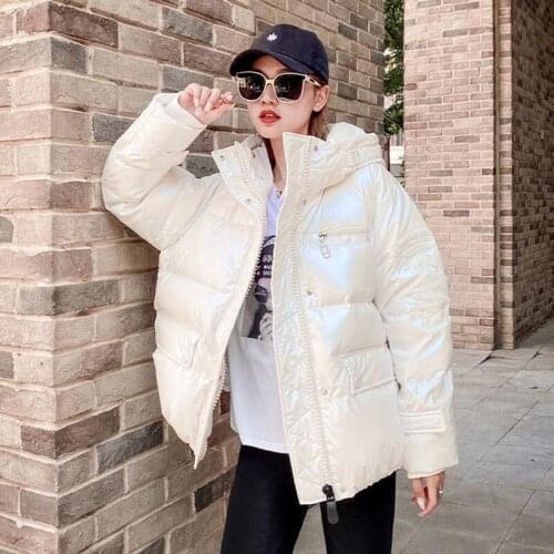 2021 New Glossy Down Parka Coat Womens Short Warm White Down Coats Female Loose Hooded Down Jackets Plus Size Down Outwear Black