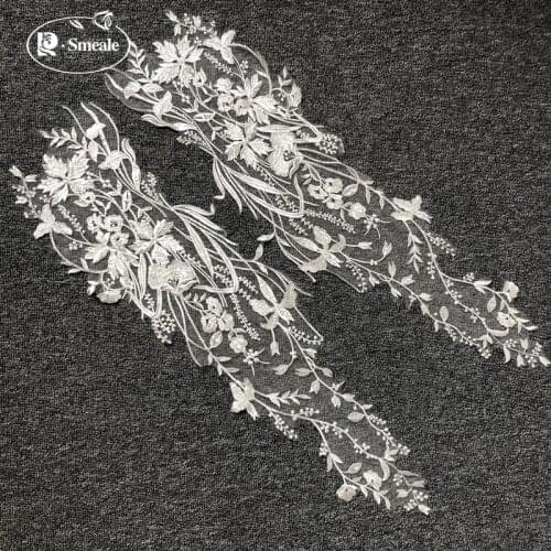 73CM*18CM Flower Wheat Ear Sequin Lace Mirror Image Flower Creamy-white Wedding Dress Applique RS2891