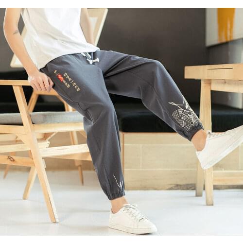 HOUZHOU Chinese Style Embroidered Men Joggers Sweatpants Black Casual Bloomers Trouses Cotton Summer Streetwear Harajuku Hip Hop