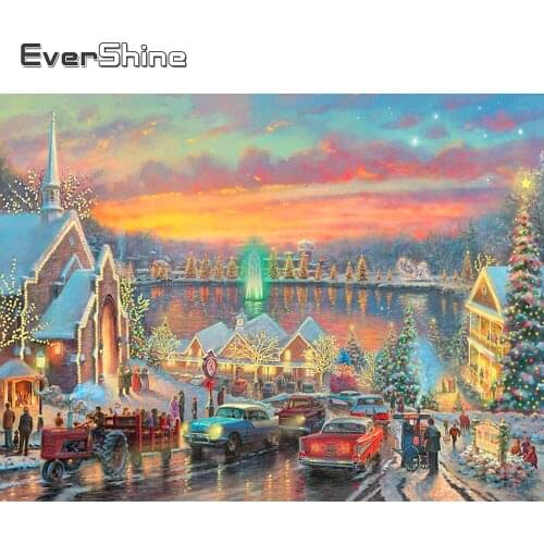 EverShine Full Square Diamond Painting Christmas Diamond Embroidery Street Winter Landscape Rhinestones Mosaic Hobby Art