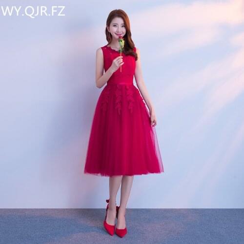 JYX79S#O-Neck shoulders lace up Medium long style wine red Brides Bridesmaid dresses wedding party prom dress girls wholesale