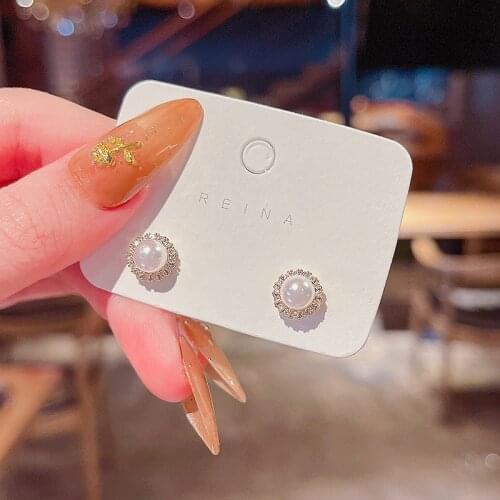 Classic Round Shape Pearl Zircon Earrings for Women New Shiny Stud Earrings Female Trendy Jewelry Delicate Elegant Ear Studs