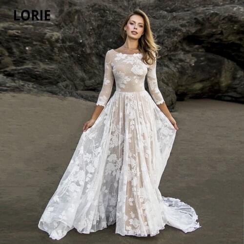 LORIE Champagne/ivory Lace Beach Wedding Dress Elegant Bohemian Open Back Bridal Gowns 3/4 Sleeves with Long Train Plus Size