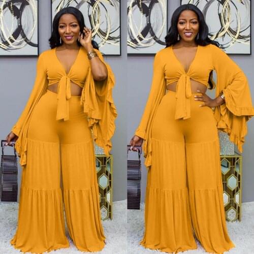 Echoine Summer Beach Set Long Sleeve Ruffle Flare Sleeve V-neck Lace Up Crop Top Wide Leg Pants Elegant Matching Set