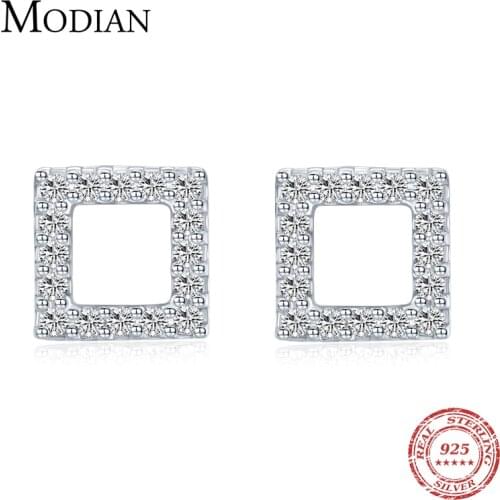 Modian Minimalism Square Clear CZ Stud Earrings For Women 925 Sterling Silver Fashion Studs Ear Simple Party Fine Jewelry Gifts