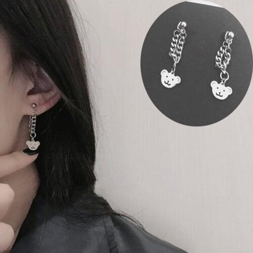 Korean Fashion Bear Chain Earrings Female Tide Cool Ins Simple Cold Wind Niche Design Earrings Rear Hanging Earrings Cute