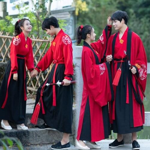 Mens red cloak Han suit mens embroidered wide sleeve large sleeve shirt womens Cross collar Ru skirt couple CP dress