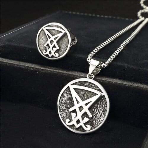 Mens Boys Sigil of Lucifer of Satan Ring Pendant Necklace Sets For Stainless Steel Ring Necklace Jewelry 1Sets