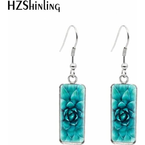 2021 New Colorful Succulent Rectangular Earring Cactus Painting Fish Hook Earring Glass Cabochon Handmade Jewelry