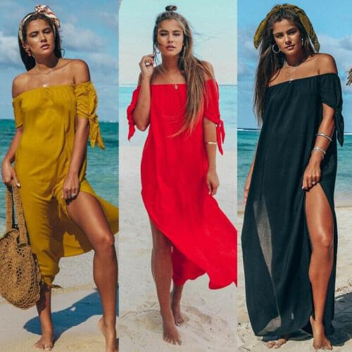 New Women Maxi Beach Long Dress Cover-Ups Summer Ruffle Off Shoulder Holiday Solid Color Cover Up Skirt Swimsuit Beachwear
