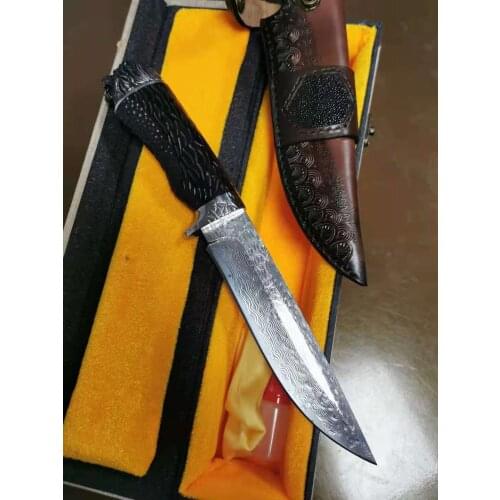High Quality Damascus steel VG10 steel corrugated head handle Straight Knife Hunting Knife Outdoor Camping Self-defense Tools