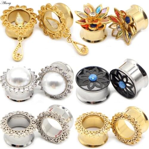 Alisouy 2pcs Pearl Flower Crystal Stainless Steel Ear Gauges Plugs Tunnel Expander Flare Earring Stretcher Piercing Body Jewelry