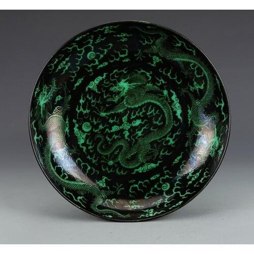Kangxi Year Mark Dark Green Color Dragon Pattern Plate Antique Porcelain Collection Ornaments