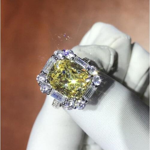 Solid 18K White Gold 3.5ctw Yellow Moissanite Cushion Ice Cut Engagement Ring Fine Gold Jewelry For Women