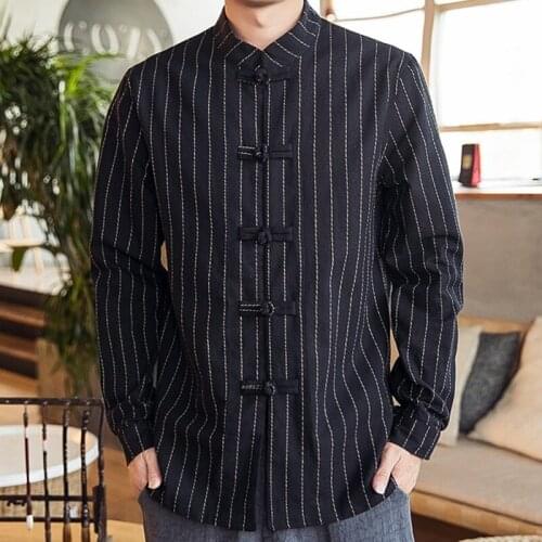 Retro Oriental Clothes Men Long Sleeve Cotton Handmade Plate Buttons Loose Shirt MenS Tops Chinese Mandarin Jacket KK3271
