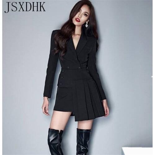 JSXDHK Runway Designer Women Skirt Suits Fall Winter Black Double Breasted Blazer Coat + Irregular Pleated Skirt Set Vestidos