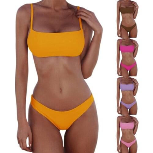 Summer Ladies Solid Color Split Swimsuit Pure Color Comfortable Fresh Fashion Sexy Swimsuit Beachwear Gather Bikini