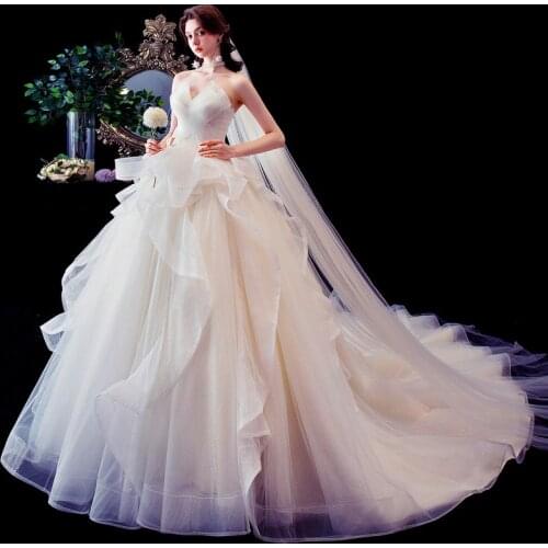 2021 Strapless Wedding Dress With Brush Train Lace Up Bridal Ball Gown Classic Robe De Mariee Customize Vestido Noiva