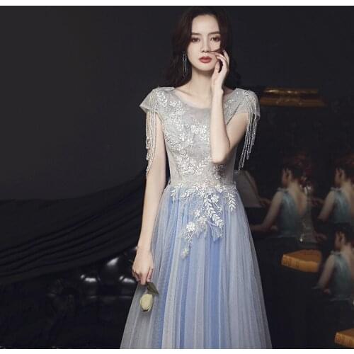 Sexy Tassel Sleeve Evening Party Gown O-Neck Chinese Dress Long Blue Qipao 2021 Summer New Cheongsam Vestidos De Festa
