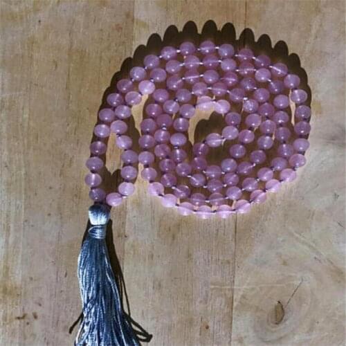8mm Pink crystal Gemstone Knot Tassel Mala necklace 108 Bead Lucky Wrist Meditation Healing Fancy Tassel Handmade Veins pray