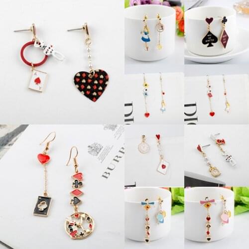 Alice Cute Rabbit Poker Asymmetry Drop Earrings for Women Enamel Earrings Fashion Jewelry Girl Party Wedding Gifts