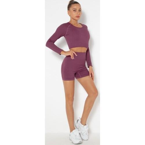 Seamless Women Fitness Sets Breathable Sportswear Suits Long Sleeve Tops Shorts Workout Wear High Elastic Running Gym Clothing