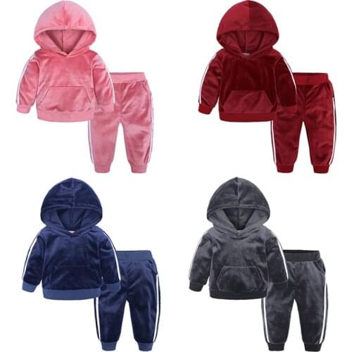 1-7Y Kids Clothing Toddler Boys Girls Clothes Sets Winter Autumn Suits Children Sports Hooded Sweater Gold Velvet 2pcs Clothes