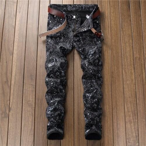 New European American Style Digital Print Jeans Men Slim Trousers Fashion Stretch Small Foot Casual Black Motor Pants