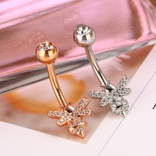 Cute Bee Dangle Navel Belly Button Rings Stainless Steel Zircon Bee Animals Body Jewelry Piercing Barbell Bell Button Ring