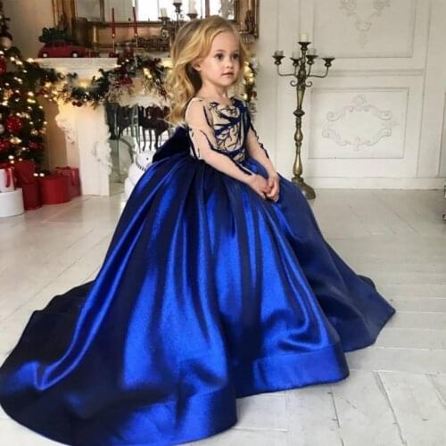 Royal Blue Long Sleeves Flower Girls Dresses Lace Appliques Formal Kids Girls Pageant Dress Satin First Communion Wear Cheap