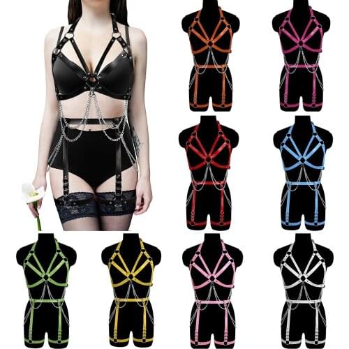 Harajuku Cosplay Bdsm Dance Rave Wear Sexy Harness Fashion Body Belt Lingerie Set PU Leather Bondage Bra Caged Bralette Garter
