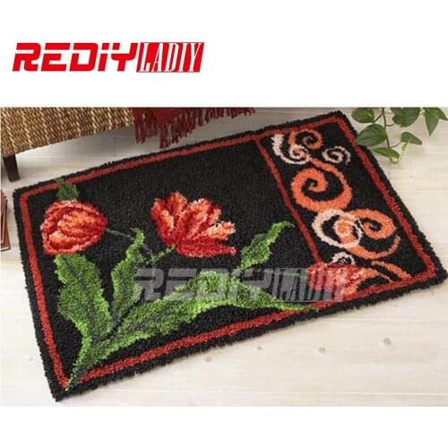 DIY Carpet Rug Red Tulips Flowers 3D Latch Hook Rug Crocheting Tapestry 100% Acrylic Yarn Cushion Set for Embroidery Floor Mat