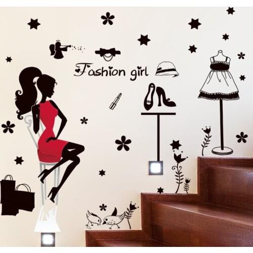 Pretty Red Dress Girl Wall Sticker Fashion Shopping Girl Wall Decals for Girl Room Clothes Shop Glass Window Decoration Stickers