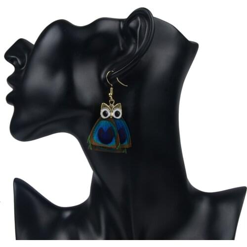 LFPU Ethnic Natural Blue Peacock Feather Earrings Women Thailand Drop Owl Earring Boho For Girl Gift