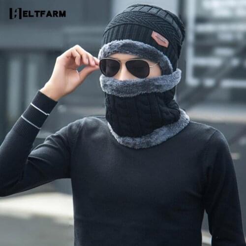 Men Warm Beanie + Soft Scarf Two-Piece Set Winter Thicken Hat Male Child Windproof Knitting Caps Neck Warmer