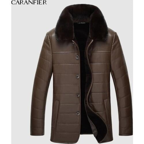 CARANFIER 2019 Wool Leather Jacket Men Genuine Sheepskin Mink Fur Collar Business Style Coat Mink Down Jacket DHL Free Shipping