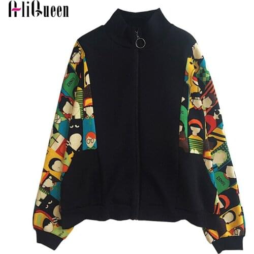 New 2020 Autumn Women Streetwear Cute Cartoon Printed Black Cardigans Winter Jacket Outwear Female Stand Collar Loose Fun Coats