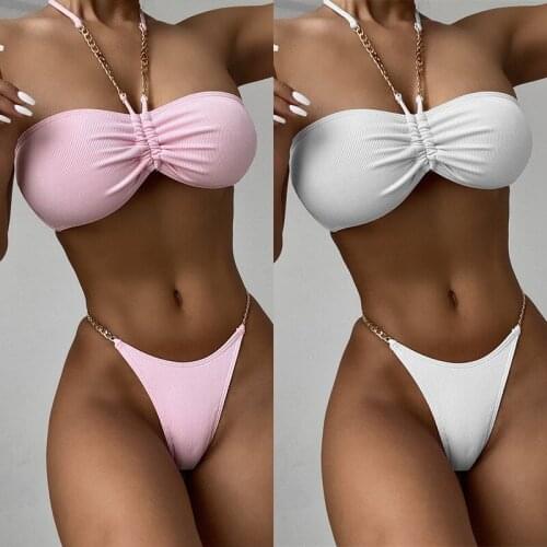 New Sexy Halter Ribbed Bikini Women Swimwear Female Swimsuit Two-pieces Bikini set Metal Chain Bather Bathing Suit Swim